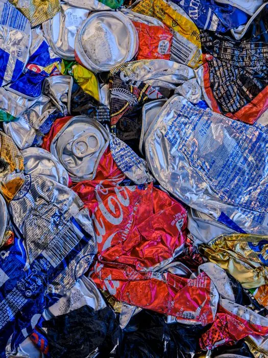 Crushed aluminium cans, colourful pile