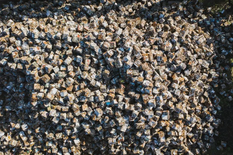 Baled metal scrap cubes, aerial view