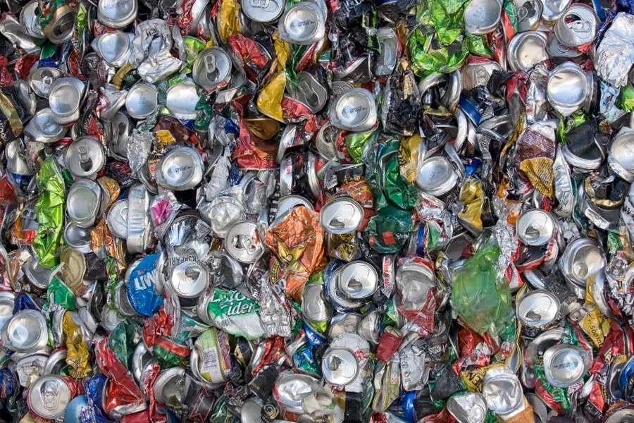 Crushed aluminium cans ready for recycling